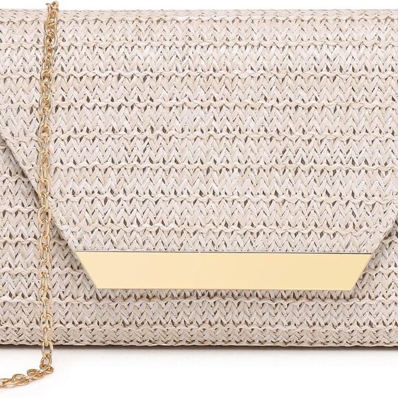 Elegant Straw Patent Leather Clutch Bag for Women with Gold Metal Accents - Picture 1 of 5